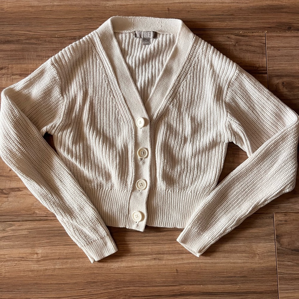 J. Crew Cream Ribbed V-Neck Button-Up Cardigan